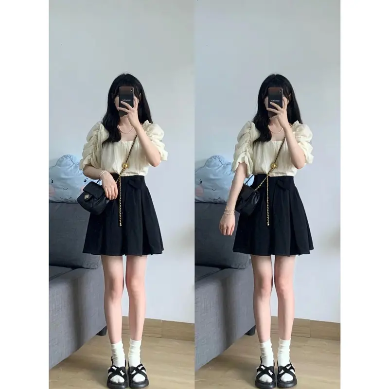 Bộ Đồ Mùa Hè Cho Nữ, Cỡ Nhỏ Phong Cách Pháp, Áo Sơ Mi ngắn Tay Phồng, Váy Xếp Ly Sữa, Bộ Hai Mảnh, Dễ Thương, Trông Trẻ Trung Women Top Tre yếm  tết set  đồ set  đồ  girl  phố 4