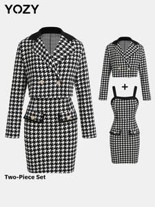 YOZY Houndstooth Print Lapel Neck Blazer & Sleeveless Dress Set, Fashion Long Sleeve Outerwear & Fake Pocket Dress, Fall & Winter Commute Outfits
