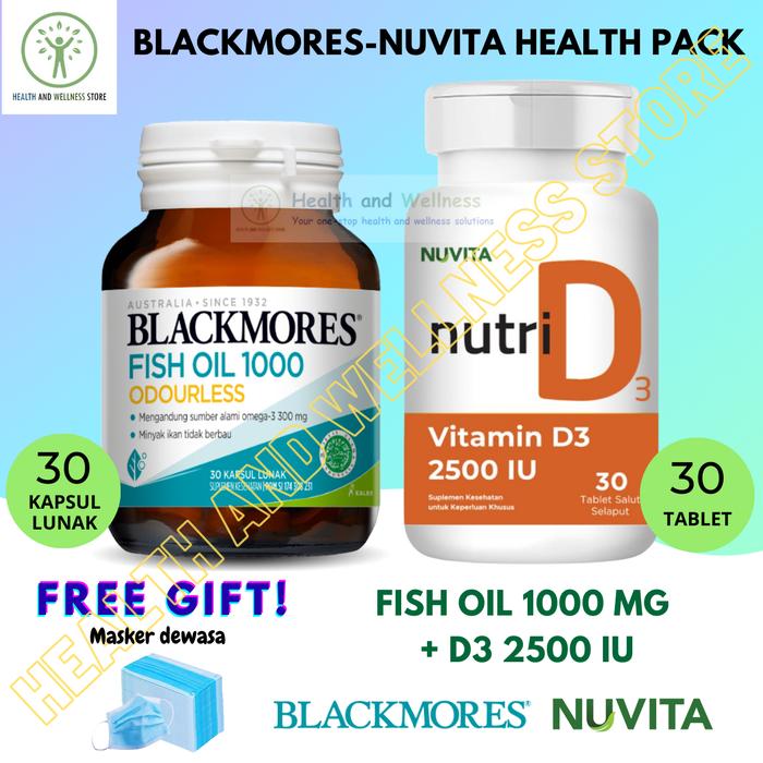 Gambar PAKET BLACKMORES FISH OIL 1000 ODOURLESS 30 KAPSUL LUNAK DAN NUVITA NUTRI VITAMIN D3 2500 IU 30 TABLET dari Health and Wellness ID Kota Administrasi Jakarta Utara Tokopedia
