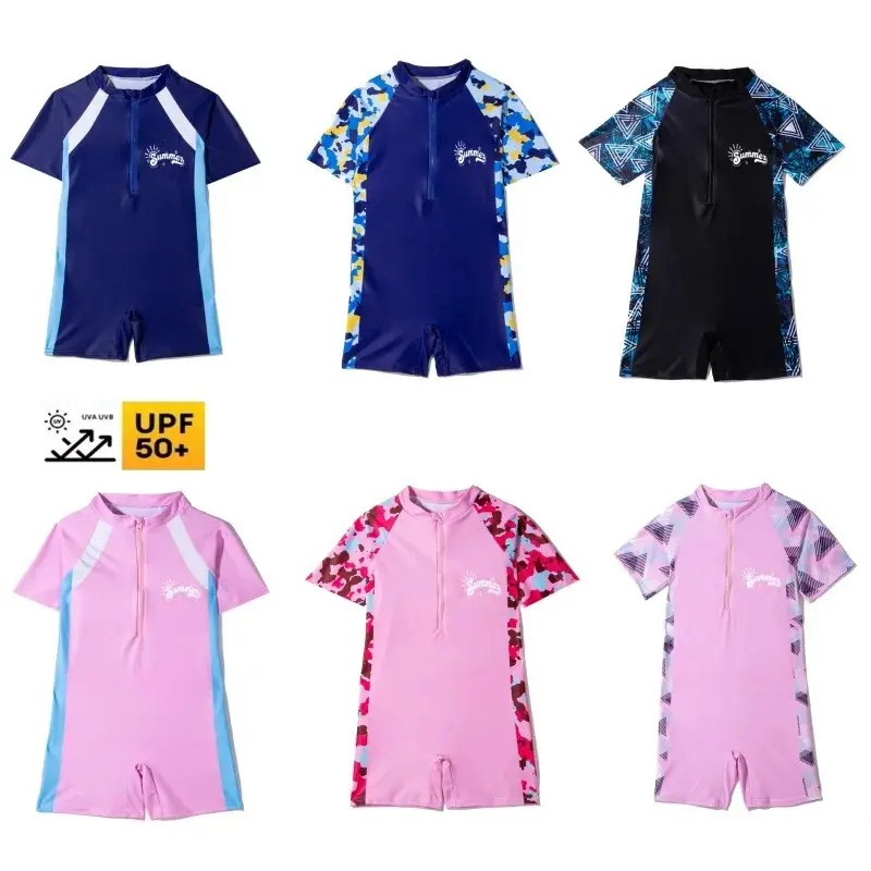 One-Pieces Short Sleeve Student Children's Swimsuit Boys Medium and Large Children's Shorts Swimsuit Quick-Drying Conservative