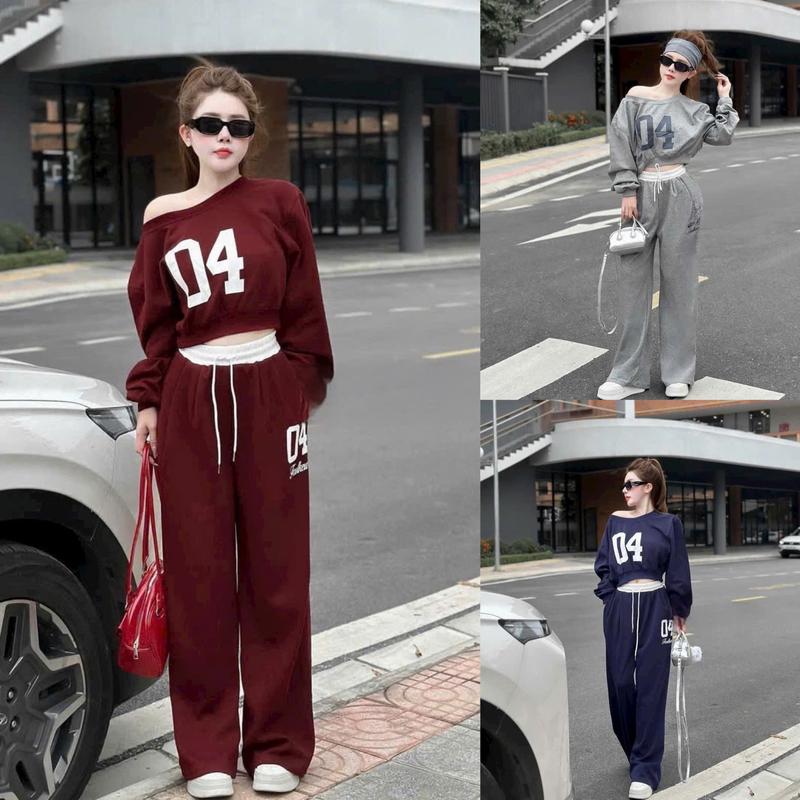 Sét bộ thể thao nữ áo dài tay lệch vai in họa tiết from croptop phối quần dài ống suông kiểu dáng cá tính, năng động cho nàng diện đi chơi