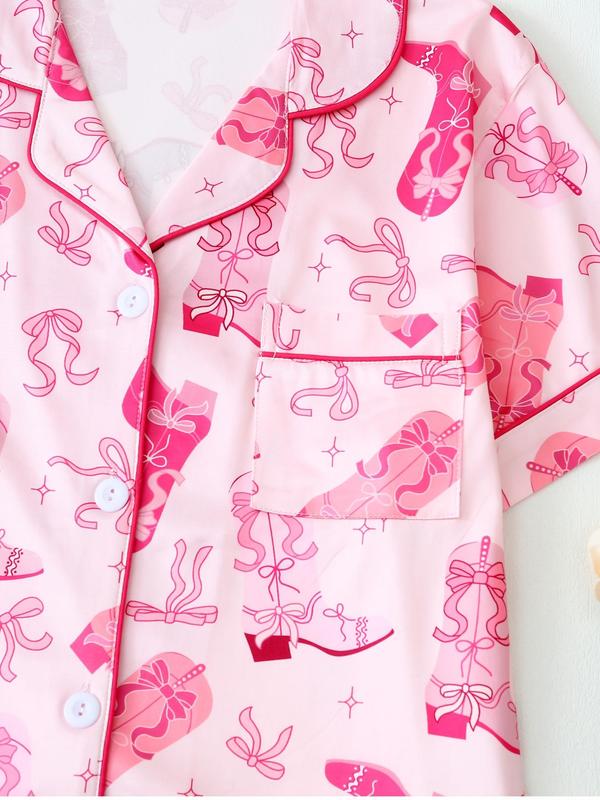 Women's All Over Print Lapel Shirt & Elastic Waist Shorts Pyjama Two-piece Set, Casual Comfy Short Sleeve Pocket Button Up Top & Shorts PJ Set, Ladies Summer Sleepwear, Loungewear 7