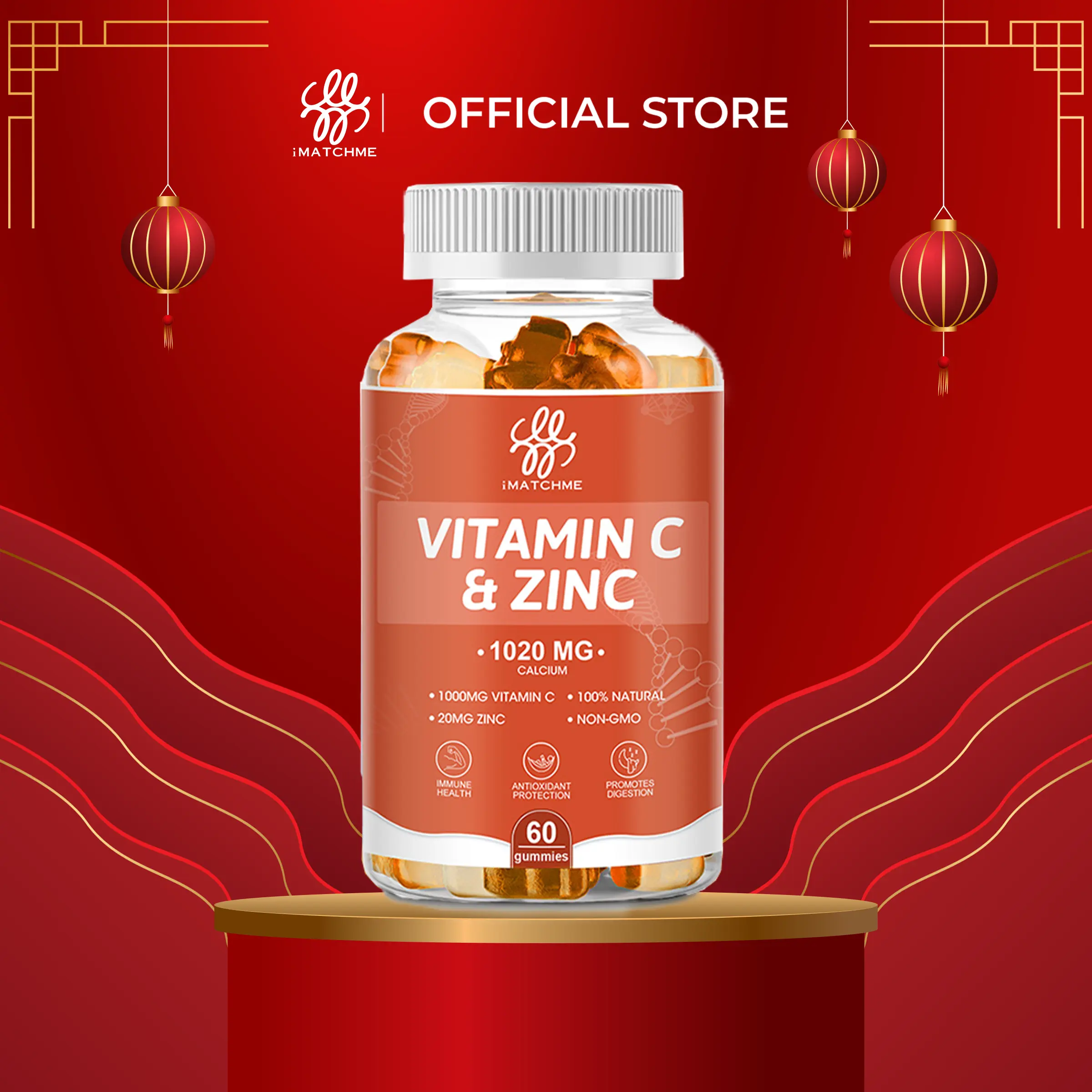 Kẹo dẻo iMATCHME Vitamin C + Kẽm 1020mg hỗ trợ chức năng miễn dịch, giúp xương chắc khỏe, tăng cường sức khỏe làn da và làm chậm quá trình oxy hóa. Phù hợp cho cả trẻ em và người lớn. Sản phẩm bổ sung, không thay thế thuốc chữa bệnh