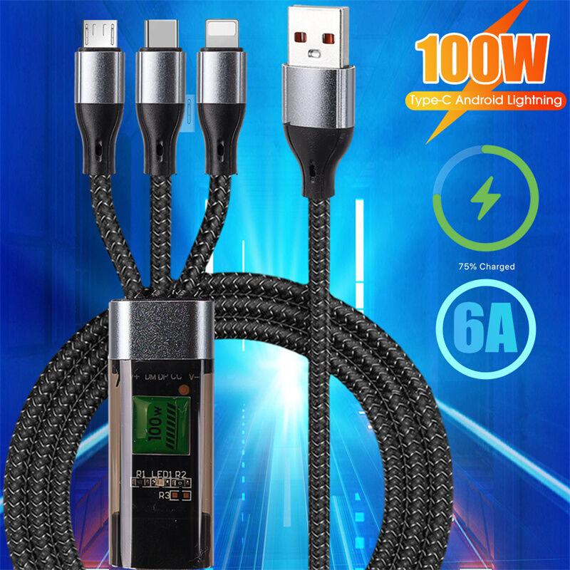 Cáp Sạc Siêu Nhanh, 100W, 3 trong 1, 6A, Micro USB và Type-C, Cáp dữ liệu Type-C, Tương thích với iPhone 15, 14, 11, Samsung và Huawei 2