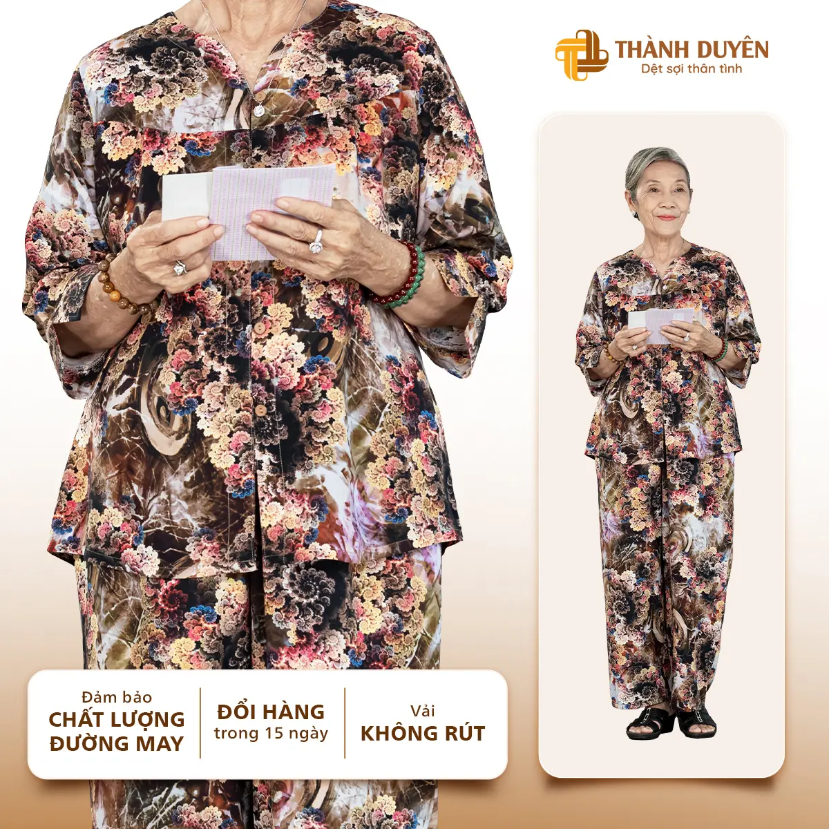Đồ bộ  cho bà mặc nhà Thành Duyên, cổ tim, tay lỡ, quần dài,vải tole không rút, thoáng mát 1579TLD(E) (07-23) Nữ Women