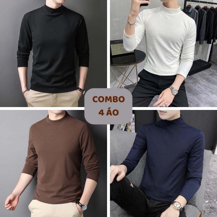    COMBO 2 3 4   Áo Giữ Nhiệt Nam Lót Nỉ Trơn Cổ Cao 3cm Size Đến 95kg 
