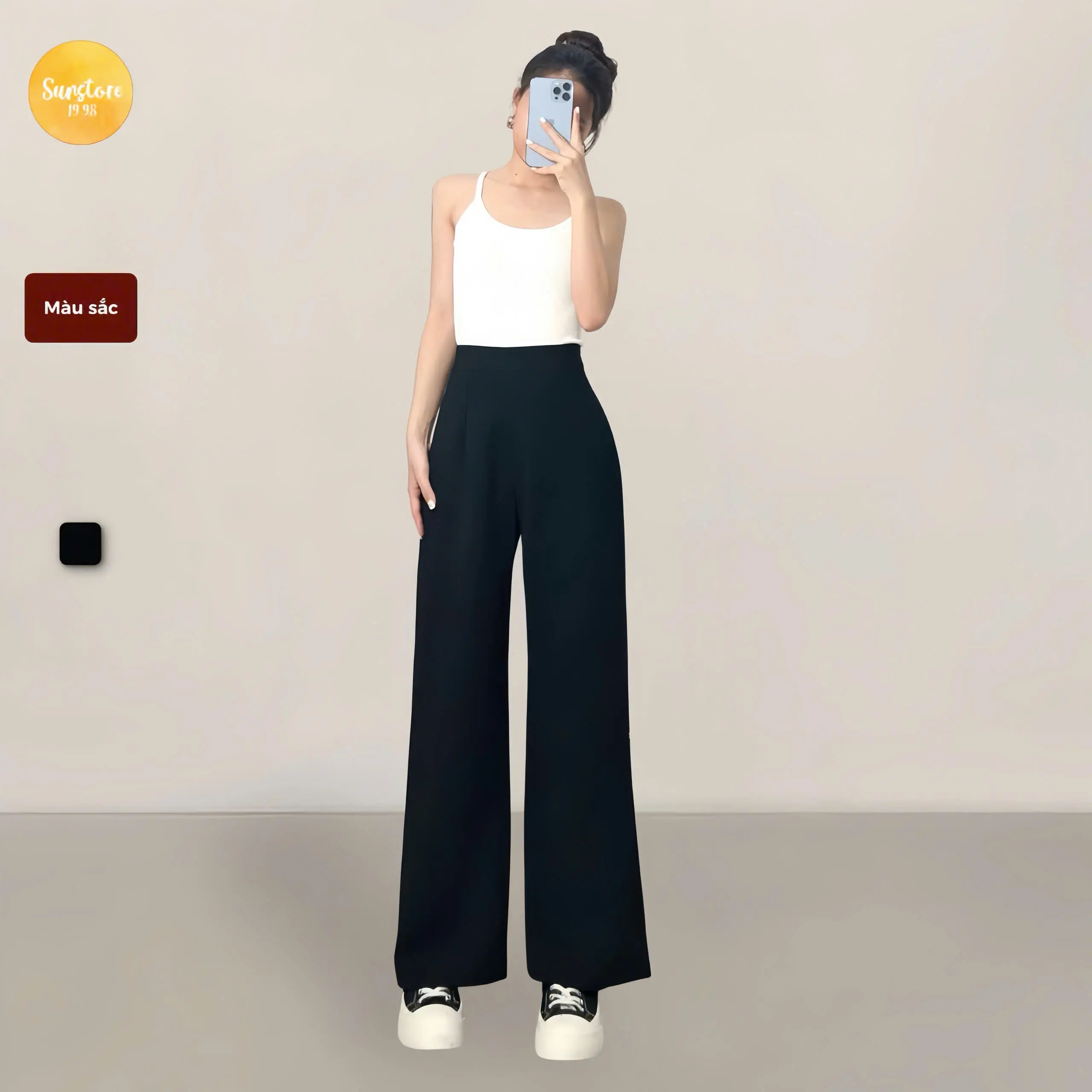Quần ống rộng nữ lưng cao vải culottes khoá sườn dáng suông dài chất dày màu đen OriPant