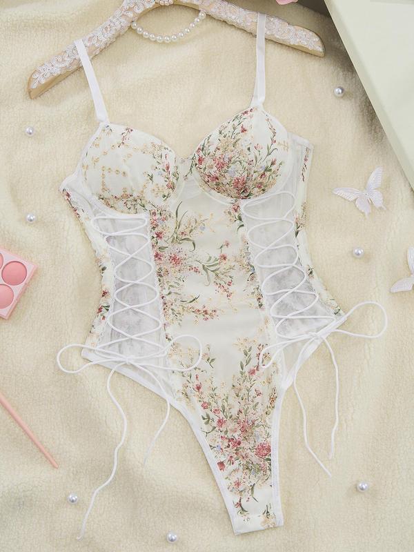 Women's Floral Print Lace Up Shapewear Bodysuit, Adjustable Strap Backless Shaper, Tummy Control Shapewear for Women 2