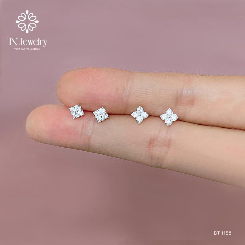 [Bán theo chiếc] Bông tai nụ bạc ta đá bốn cánh chốt đẩy, mặt dài 4,5mm nhỏ xinh đeo hàng ngày - BT 1158 Voi Hoa tai Trang Trí