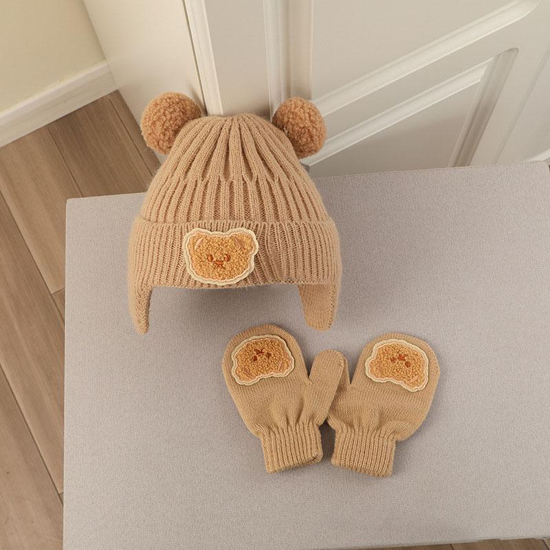 Product Introduction of 2 Pair Bear Baby Hat Gloves Set Knit Thick Warm Beanies Toddler Boy Girl Hats Bonnet Ear Protection Hats 10