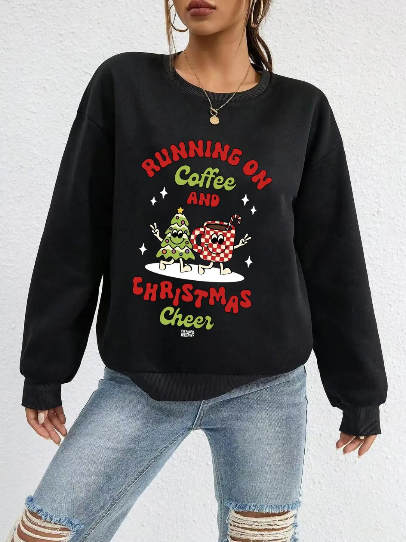 【Plus Size】 Christmas Coffee Cup Print Drop Shoulder Sweatshirt, Casual Long Sleeve Round Neck Pullover for Daily Wear, Women's Clothing for Fall & Winter