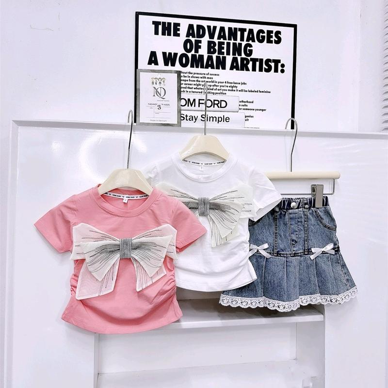   TunVoi  Set áo nơ chân váy jean cho bé 10-30kg  2 màu trắng hồng  