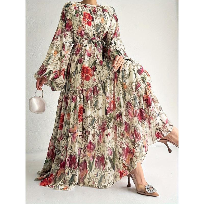 Elegant Floral Print Long Sleeve Kaftan Dress - Casual Polyester Maxi with Tie-Waist Detail, Machine Washable - Perfect for All Seasons 7