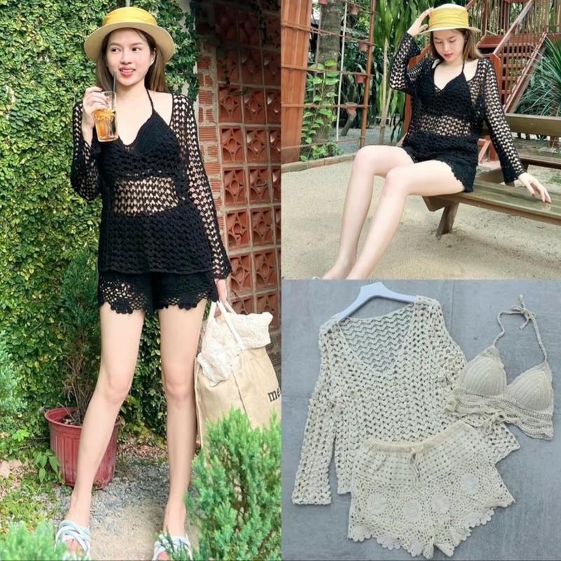 64- Set bộ bikini len móc 3 món màu đen gồm áo choàng tim+ áo bra sóng có mút+ quần sóc lưng thun 2 lớp hàng QC