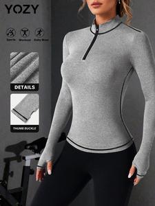 YOZY-GOOO Women's Solid Contrast Binding Zip Up Thumb Hole Design Sports Tee, Casual Long Sleeve Stand Collar T-shirt for Outdoor Running, Ladies Sportswear for All Seasons