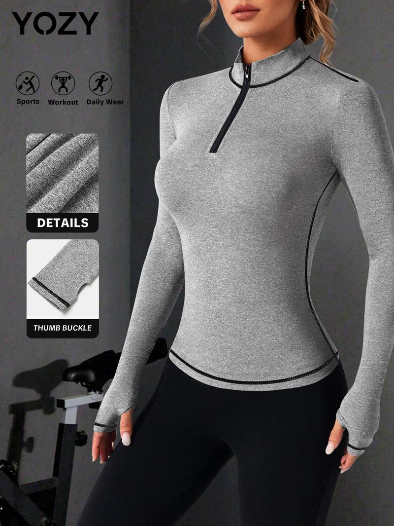 Product Introduction of YOZY Women's Solid Contrast Binding Zip Up Thumb Hole Design Sports Tee, Casual Long Sleeve Stand Collar T-shirt for Outdoor Running, Ladies Sportswear for All Seasons 1