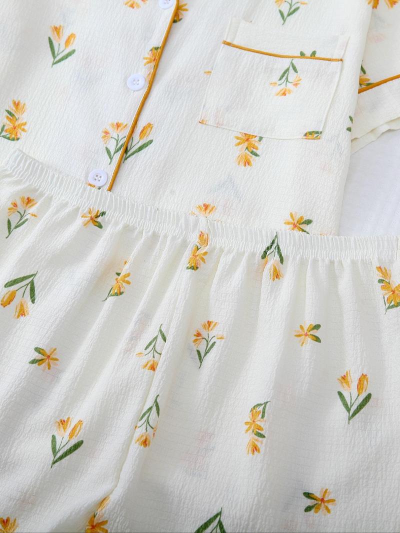 Product Introduction of Women's Ditsy Floral Print Button Front Blouse & Shorts Loungewear Set, Contrast Binding Pocket Top & Shorts PJ Set, Lounge Co-ord Set, Summer Sleepwear Loungewear 6