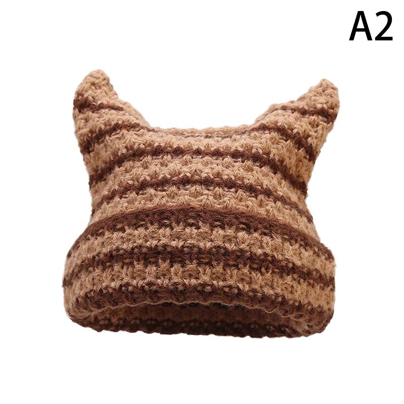 Product Introduction of New Japanese Streetwear Harajuku Beanie Little Devil Striped Knitted Hat Women Girls Autumn Winter Cute Cat Ears Cap 28