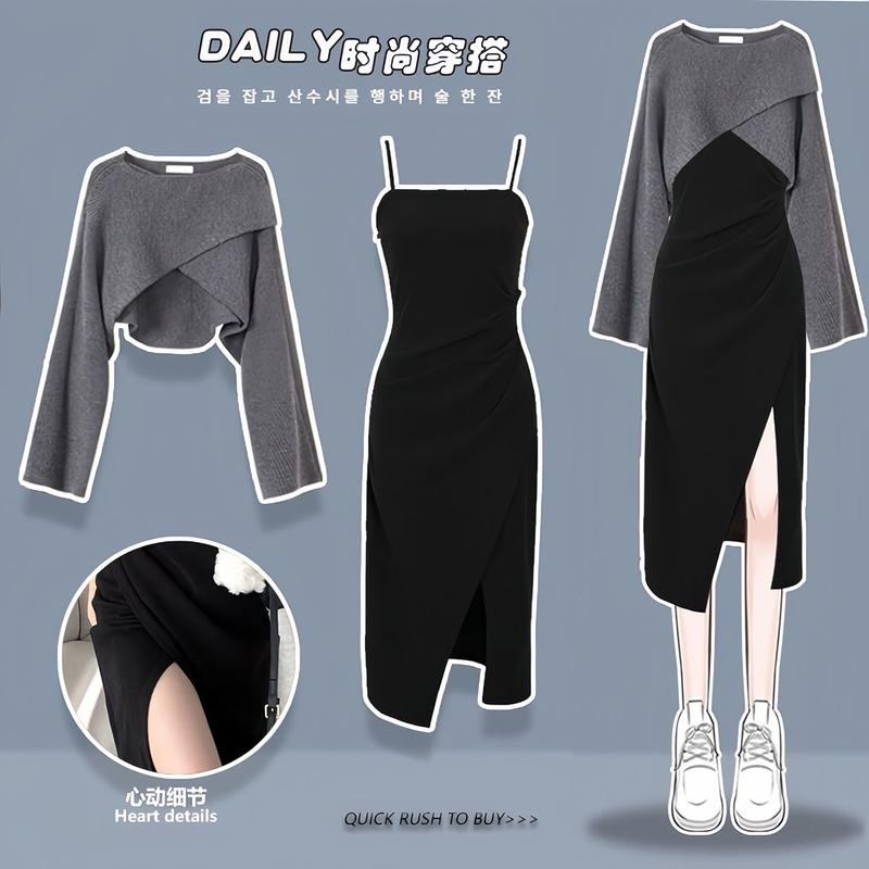 Product Introduction of Bộ Đồ Mùa Thu Của Phụ Nữ, Hàng Mới Về, Cao Cấp, Phong Cách Nữ Thần Thanh Lịch, Váy Hai Dây, Áo Len Hai Mảnh Dệt Kim, Thời Trang Women Top 3