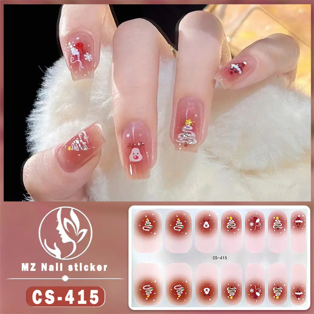 Miếng Dán Móng Nghệ Thuật Dạng Gel, Không Nướng, Phong Cách Giáng Sinh, Miếng Dán Đầy Đủ, Thiết Kế Cây Thông Noel Và Ông Già Noel, Có Thể Tháo Rời
