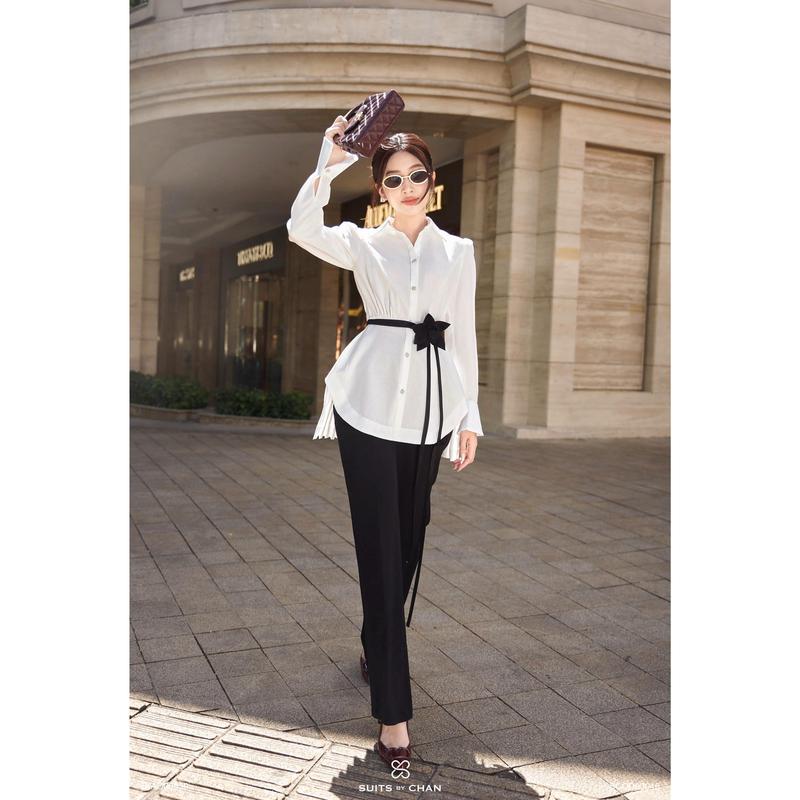 SUITS BY CHAN - Áo sơ mi kiểu tay dài xếp li tà sau (Ko kèm belt), Quần dài ống loe - VKAO00530 SCQD00046 Nữ Women 3