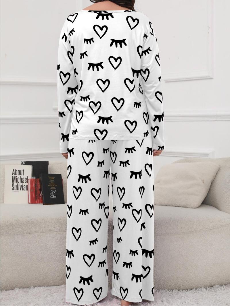 Product Introduction of 【Plus Size】Women's Heart Print Pyjama Set, Casual Comfort Round Neck Long Sleeve Tee & Elastic Waist Pants Set, Women's Sleepwear for Spring & Fall, Pajamas 20