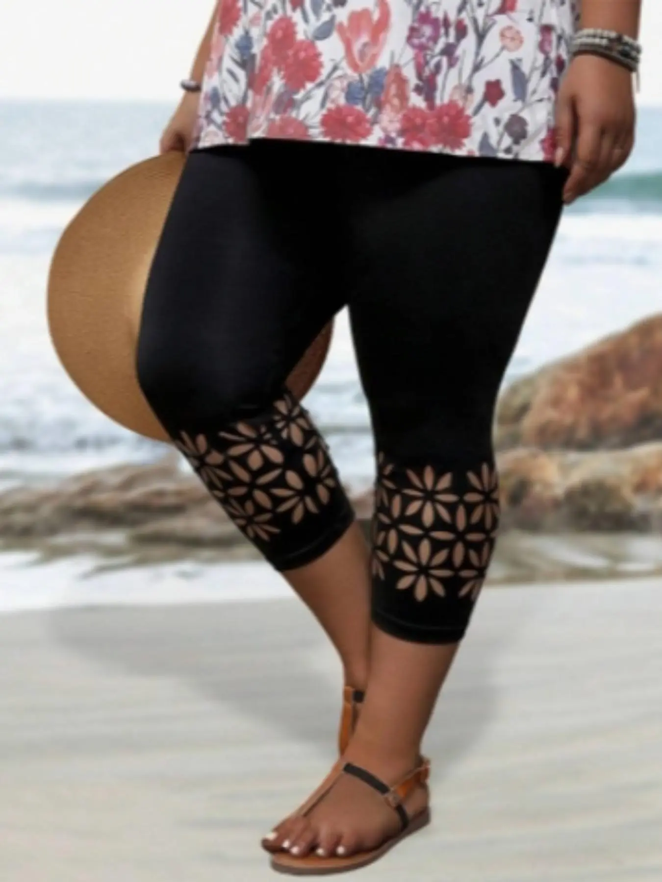 【Plus Size】 Floral Pattern Capris Leggings, Casual Comfy Breathable Skinny Pants for Daily Wear, Women's Bottoms for Summer