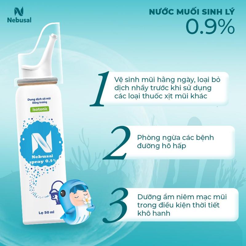 Xịt Mũi Nebusal 0.9% Nước Muối Sinh Lý Vệ Sinh Mũi Hàng Ngày Phòng Ngừa Nghẹt Mũi Sổ Mũi Cho Bé Chai 50mL
