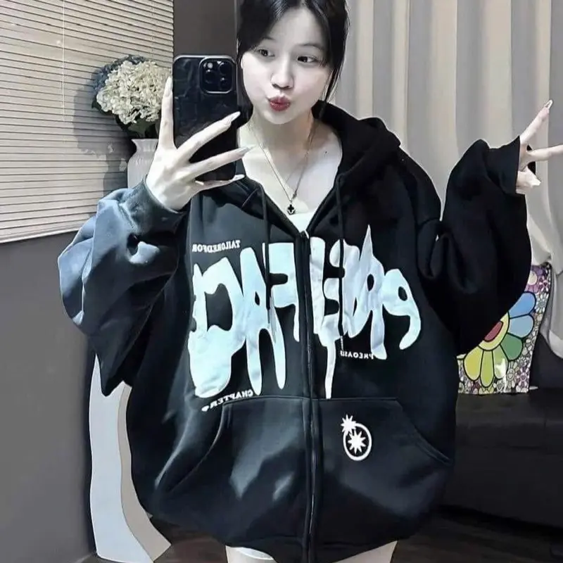 Áo khoác nỉ form rộng , Hoodie zip form rộng mũ hai lớp - Sao in hai mặt 3
