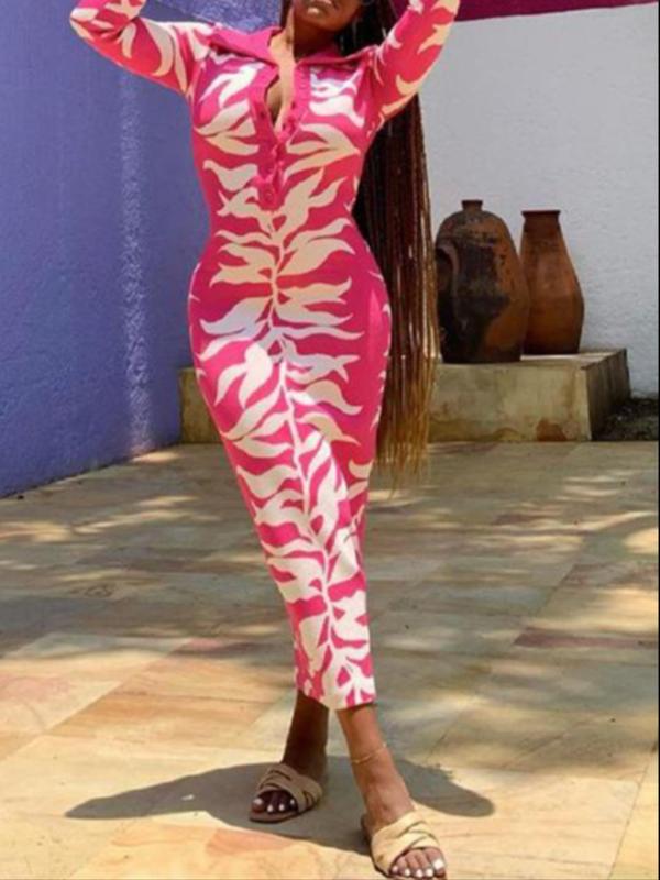 Women's All Over Print Button Front Bodycon Dress, Casual Long Sleeve Collared Maxi Dress for Party Club Dating Wear, Ladies Clothes for All Seasons 8