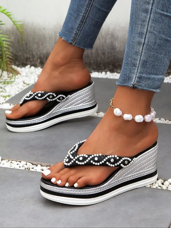 Fashionable Rhinestone Decorated Platform Sandals, Casual Comfortable Thick Sole Sandals for Summer, Female All-match Shoes for Daily Wear 7