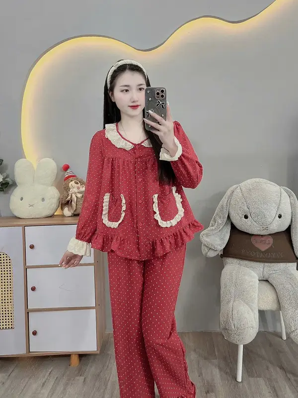 Bộ nữ mặc nhà Đũi mềm Màu Đỏ siêu dễ thương Women Áo Quần Ngủ freesize 40-60kg 2