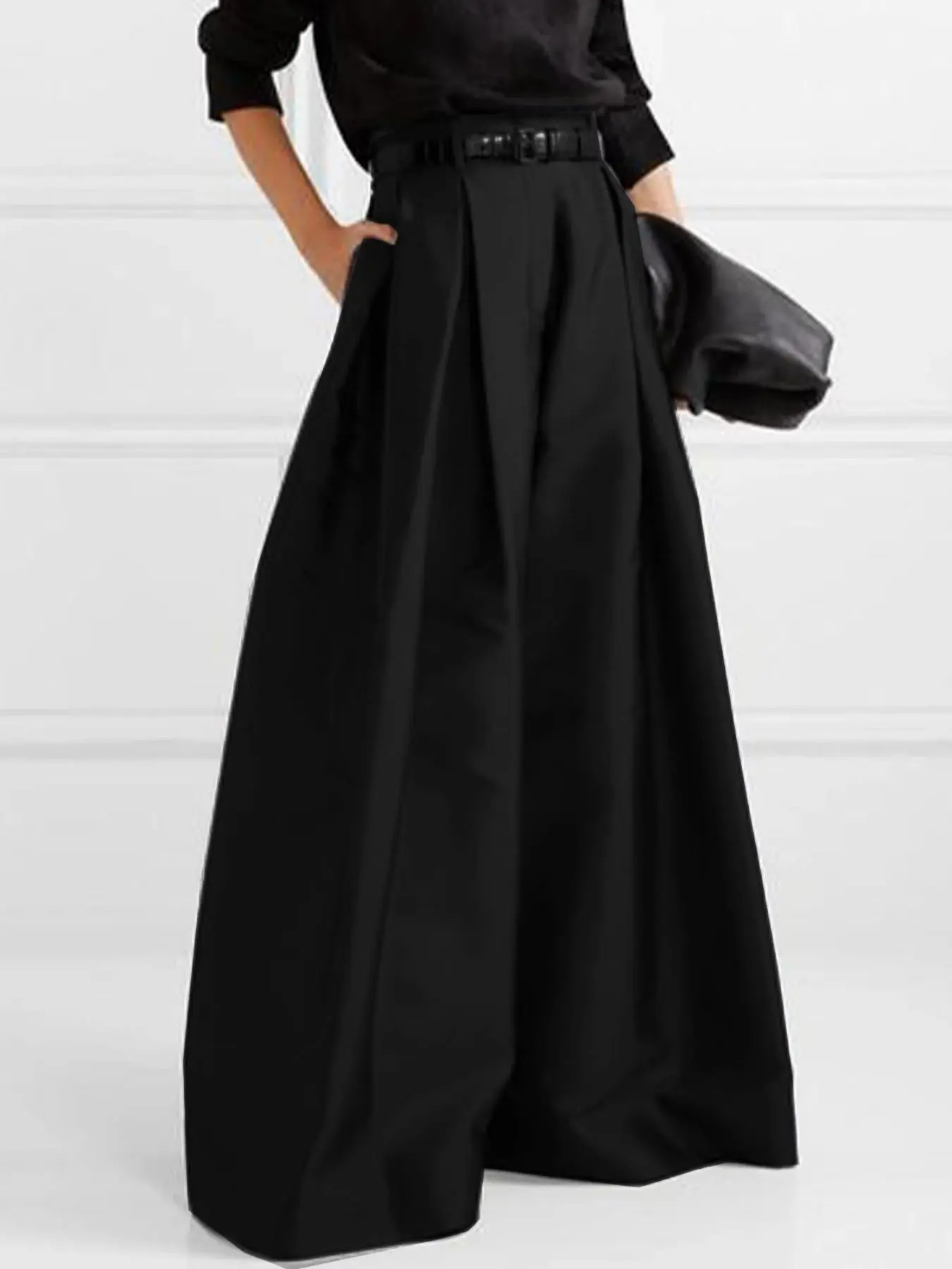 Women's Solid Plicated High Waist Wide Leg Pants, Casual Comfy Pocket Trousers for Daily Wear, Ladies Bottoms for All Seasons