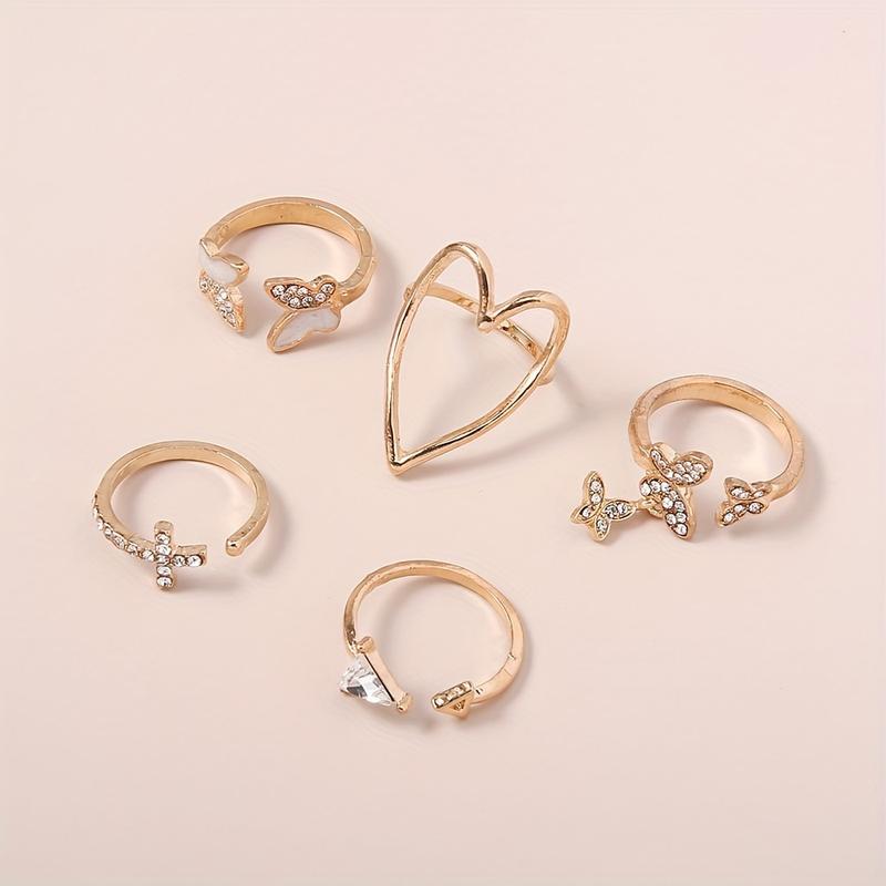 Product Introduction of 5pcs/set Random Rings Elegant Heart Butterfly Triangle Ring Alloy Rings Valentine's Day Gift 0