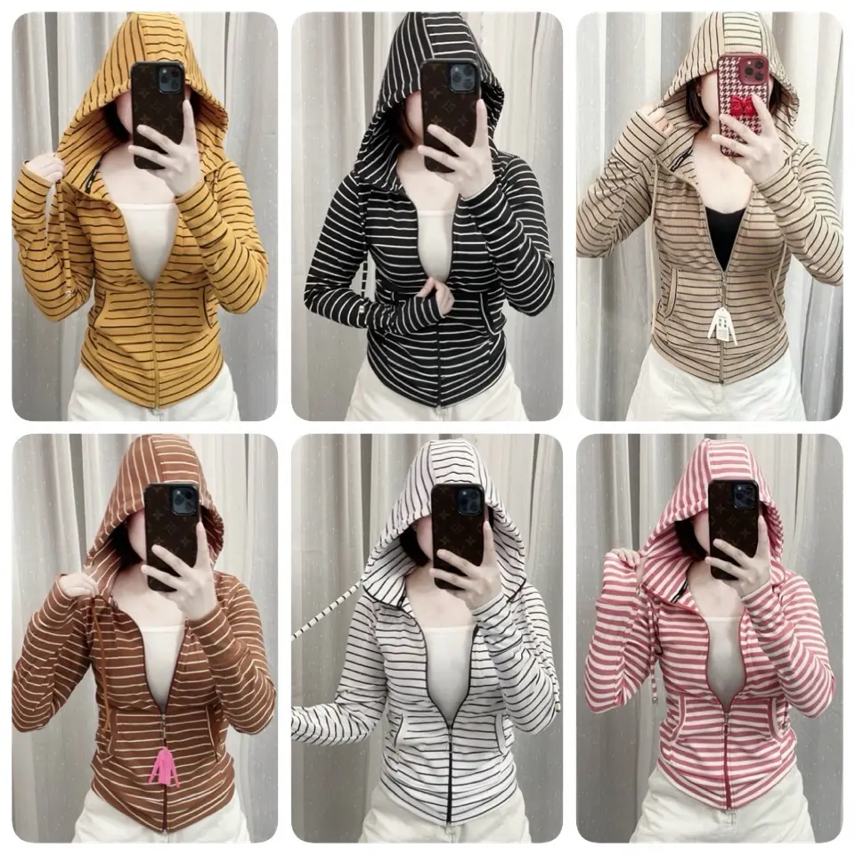 Áo khoác thun gân nữ sọc xỏ ngón chống nắng có túi trong