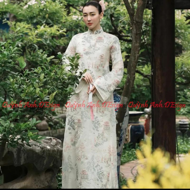 Áo Dài Chàm An Chất Liệu Oganza kết hợp Lụa Thêu Họa Tiết Thủy Mặc Tỉ Mỉ. Cover xéo xọ - Quỳnh Anh Design