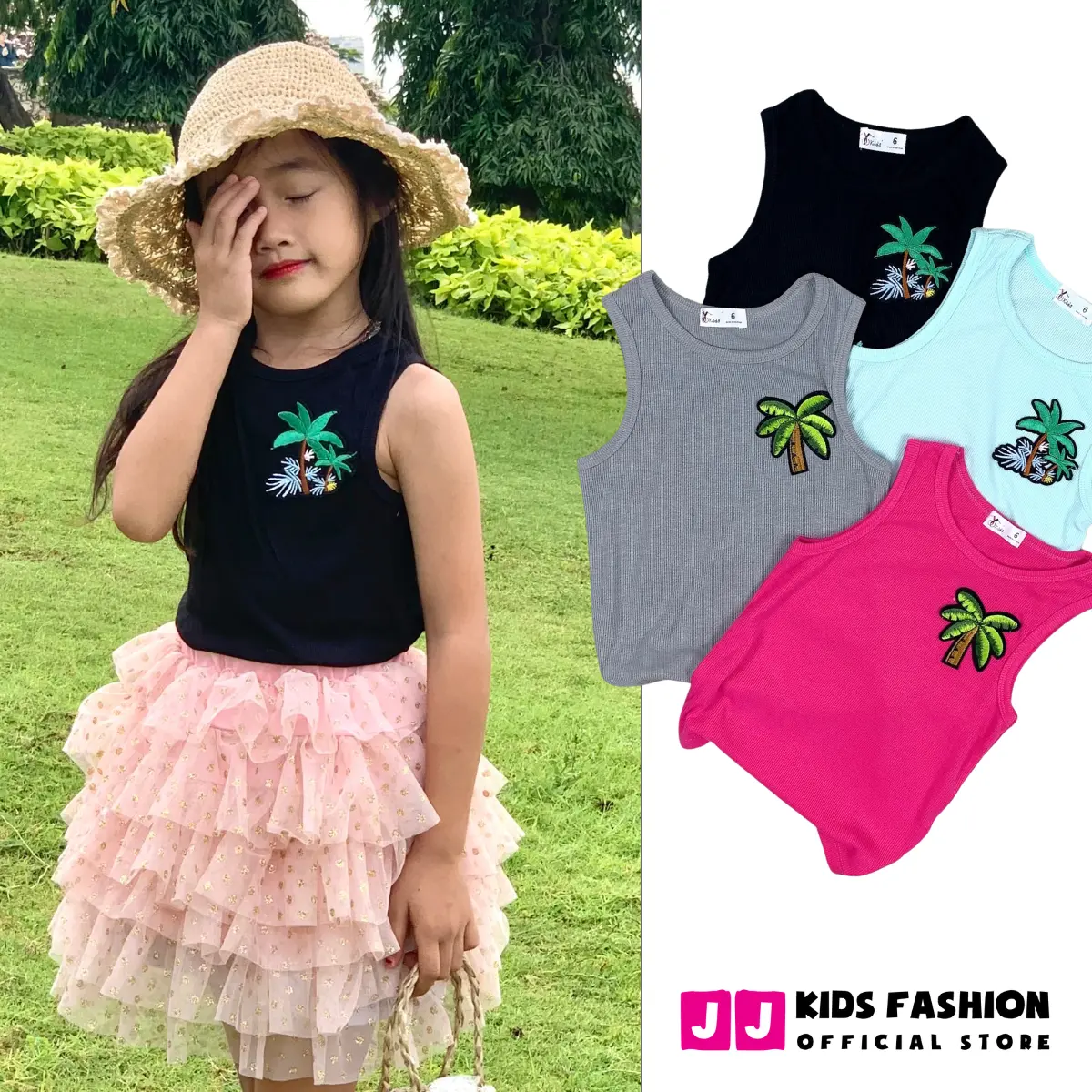 JJ Kids Fashion | Áo thun ba lỗ bé gái, áo phông Vải Cotton cộc tay, cổ tròn cho bé thêu hình dễ thương | Extra Shipping