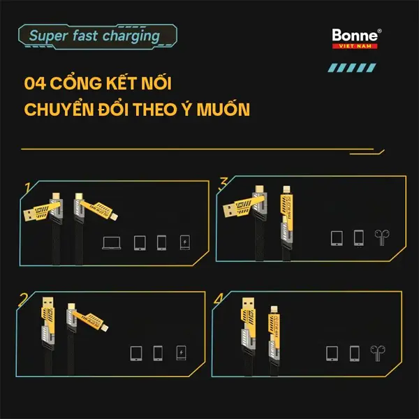 COMBO 3 Cáp sạc nhanh Bonne TECHNOLOGIQUE BC24, cáp sạc nhanh điện thoại 4 in 1 by Bonne Technologique, sạc chống gẫy chính hãng bảo hành 12 tháng.[phụ kiện, [phụ kiện, sạc điện thoại], sạc điện thoại] 5