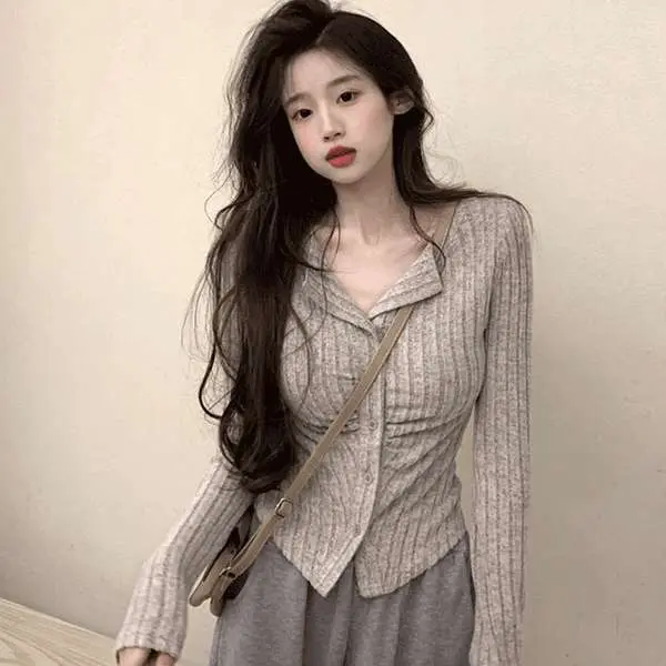 Áo Áo nỉ Dài Tay Có Ve Áo, Phong Cách Dễ Thương Và Gợi Cảm, Áo Áo Cánh Thiết Kế Dáng Ôm Mới Cho Nữ, Áo Len