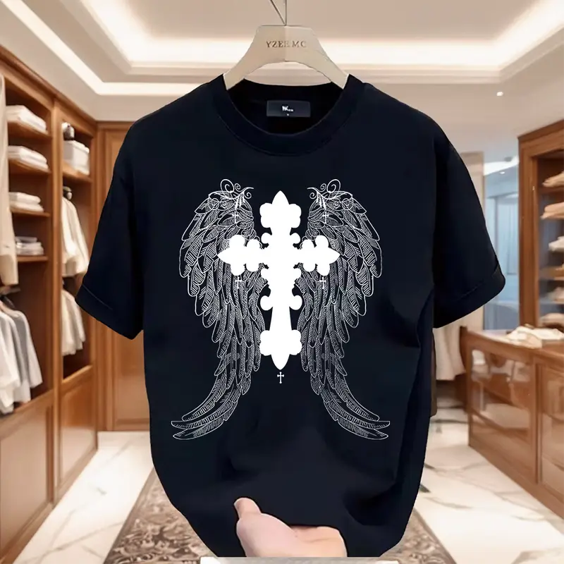 Áo Thun Nam, 100% Cotton, ngắn Tay, In Hình Đôi Cánh Thiên Thần, Dáng Rộng Vừa Vặn, Thoải Mái 5