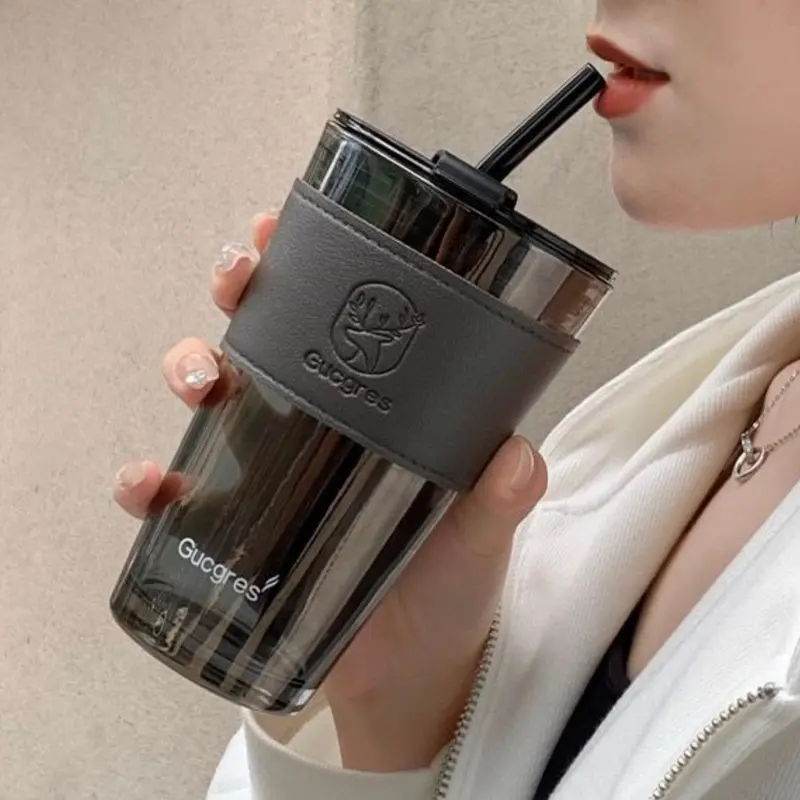 Tumbler Gelas Kaca Botol Minum Aesthetic Mug Kopi Cup Glass Dengan Case dan Sedotan 8