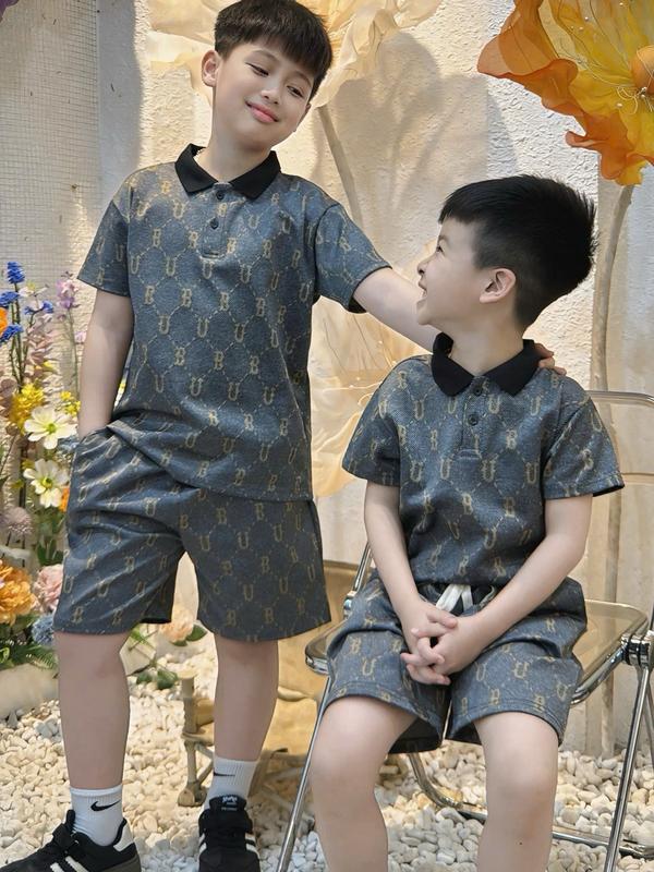 Bộ quần áo cho bé trai mùa hè M.I.N.T.K.I.D.S vải cotton chéo họa tiết chữ BU cao cấp Tay ngắn boyswear đầu lân cho lớp 5 suit Polo