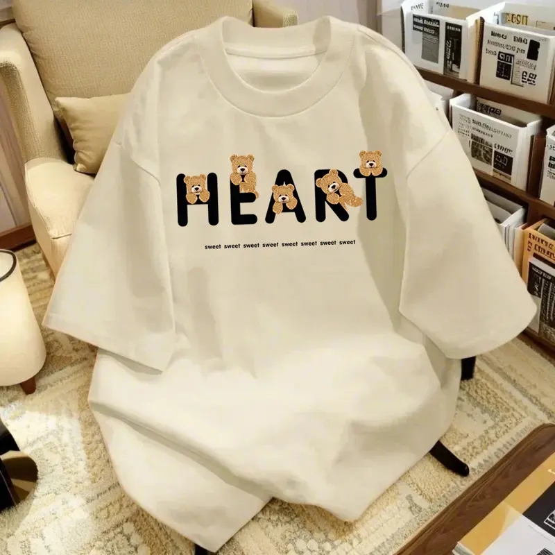 Áo Thun Nữ, Phong Cách Hợp Xu hướng Chất Liệu Cotton Nguyên Chất, Thiết Kế Hình Gấu Hoạt Hình, Thường Ngày Và Dễ Thương, Dễ Phối Đồ Áo Ngắn Tay Hàng Mới Về 0