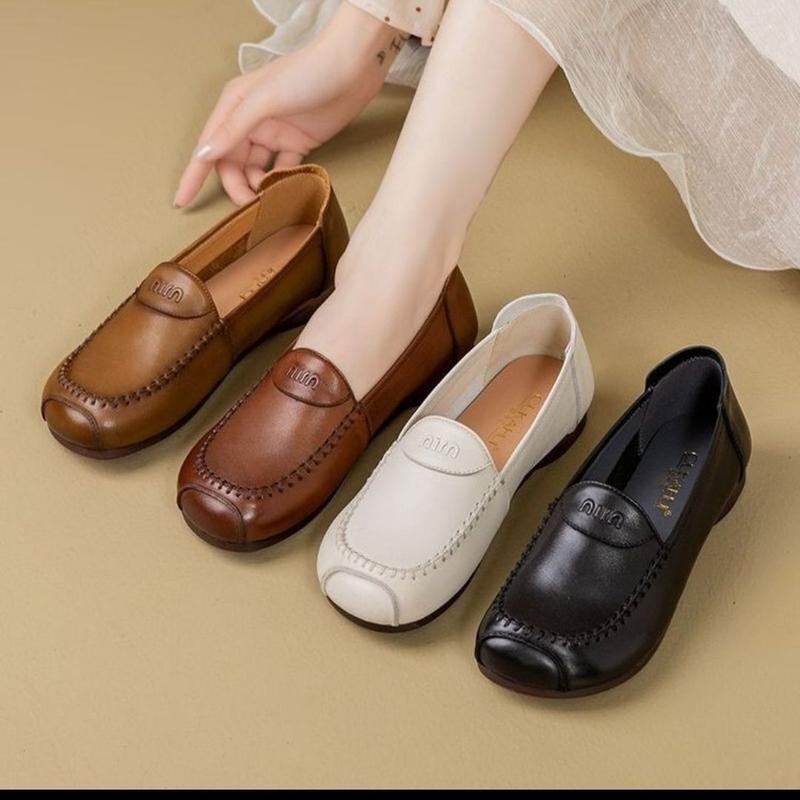 Giày Nữ, Da Thật, Chất Lượng Cao Cấp, Thoải Mái, Siêu Mềm, Đáy Gân, Thích Hợp Cho Mẹ, Giày Da Nhỏ Đế Mềm Shoes Nhung Loafer