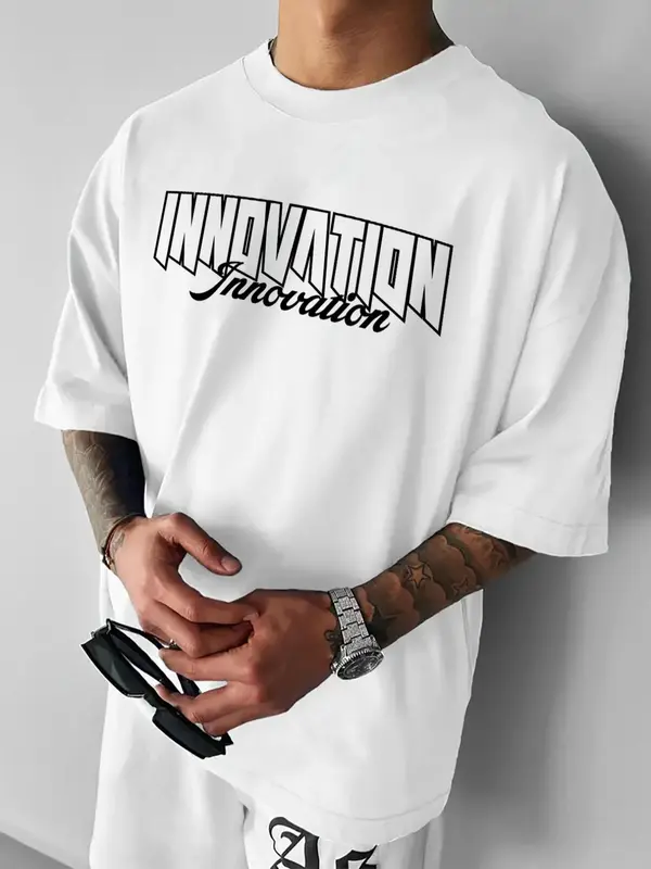 Men's Letter Print Tee, Loose Casual Fashion Round Neck Short Sleeve T-shirt for Summer, Men's Top for Daily Wear 2
