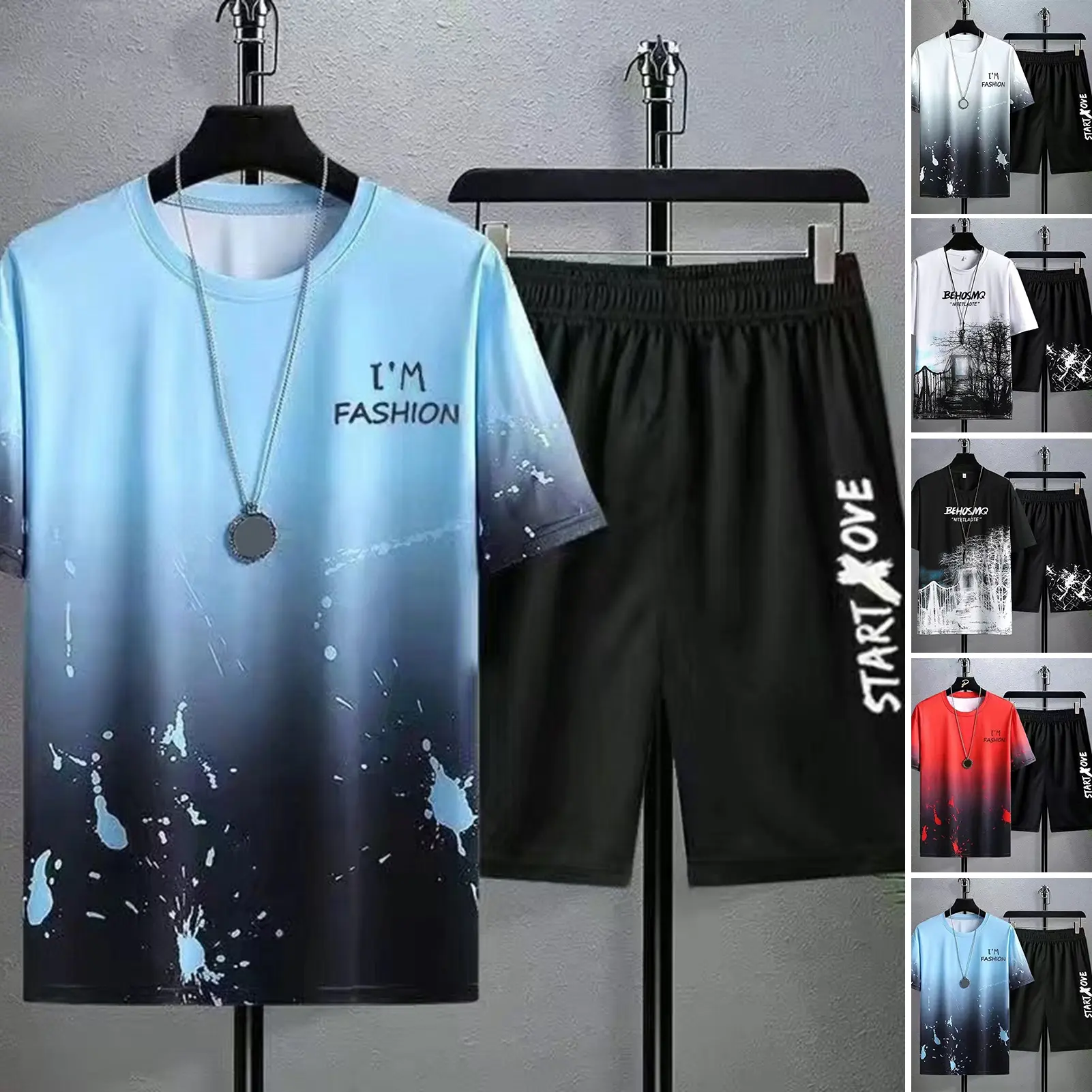faousoe-2Pcs/Set O-Neck Short Sleeve Elastic Waistband Casual Outfit Pockets Ice Silk Men Gradient Color Letter Print T-shirt Wide Leg Shorts Set Streetwear