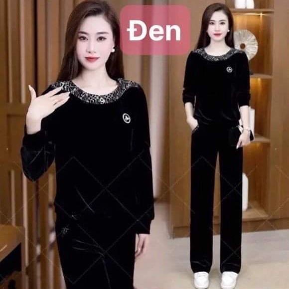 Đồ bộ nhung cổ tròn phối beo tay dài quần dài cho nữ - Women dobo tay 1