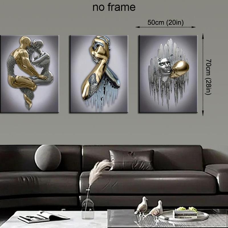 3D Metal Sculpture Statue Couple Pattern Canvas Wall Art without Frame, 3 Counts Modern Simple Wall Art Painting, Wall Art Decor for Home Living Room Bedroom 1