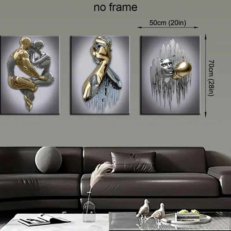 3D Metal Sculpture Statue Couple Pattern Canvas Wall Art without Frame, 3 Counts Modern Simple Wall Art Painting, Wall Art Decor for Home Living Room Bedroom 1