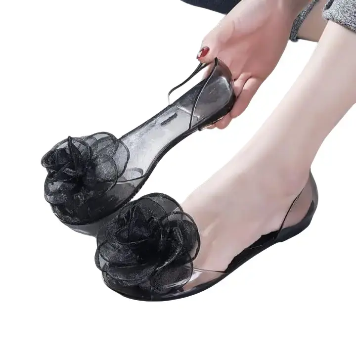 Sepatu Jelly Kaca Bunga Flat Bening Transparan 186 sepatu Big Size kerja  ballet shoes Hitam 36